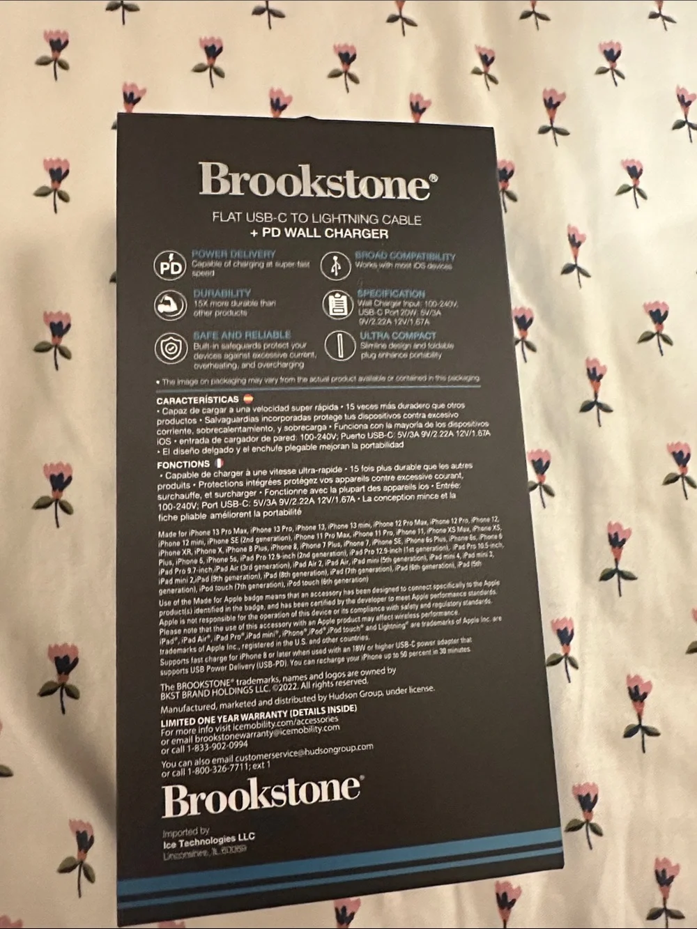 Brookstone Black Flat USB-C to Lightning Cable with PD Wall Charger Pack